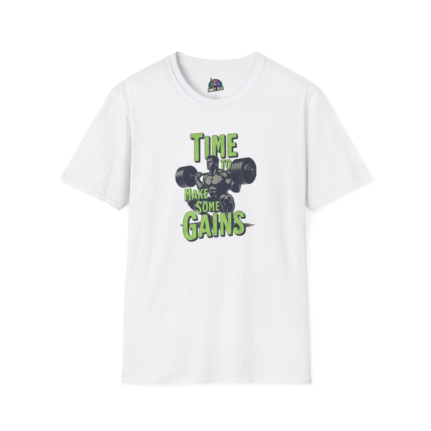 "Time for Gains" T-Shirt with weightlifting graphic for gym enthusiasts.