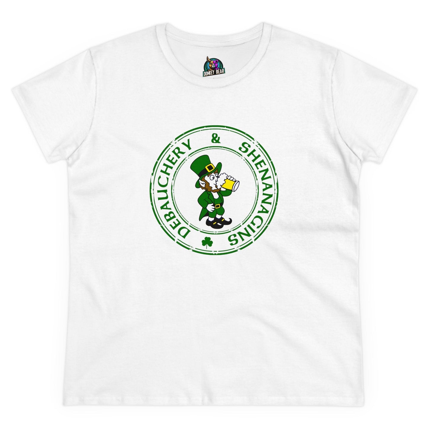 Women's "Debauchery & Shenanigans" St. Patrick’s Day T-shirt with leprechaun design.
