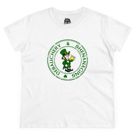 Women's "Debauchery & Shenanigans" St. Patrick’s Day T-shirt with leprechaun design.