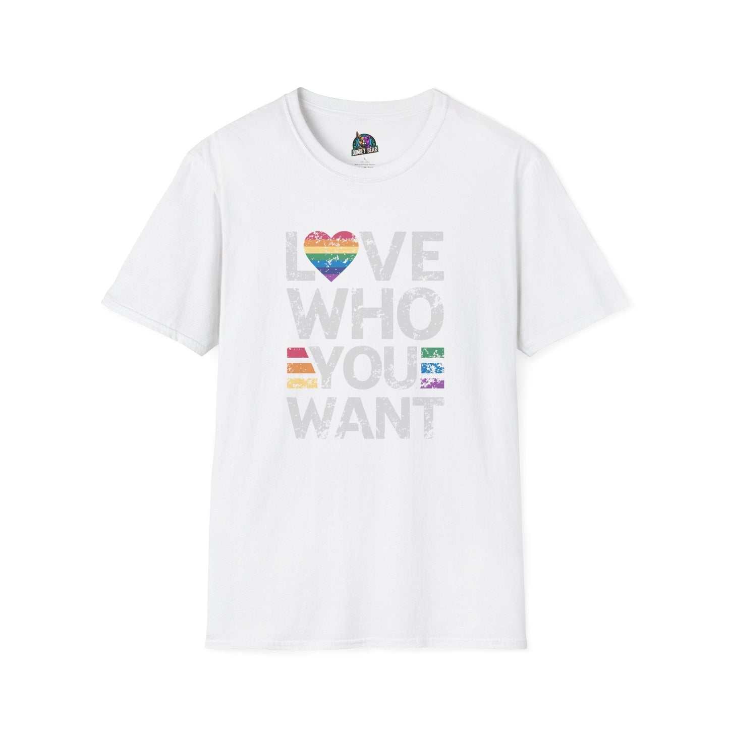 "Love Who You Want" T-shirt promoting love, pride, and inclusivity.