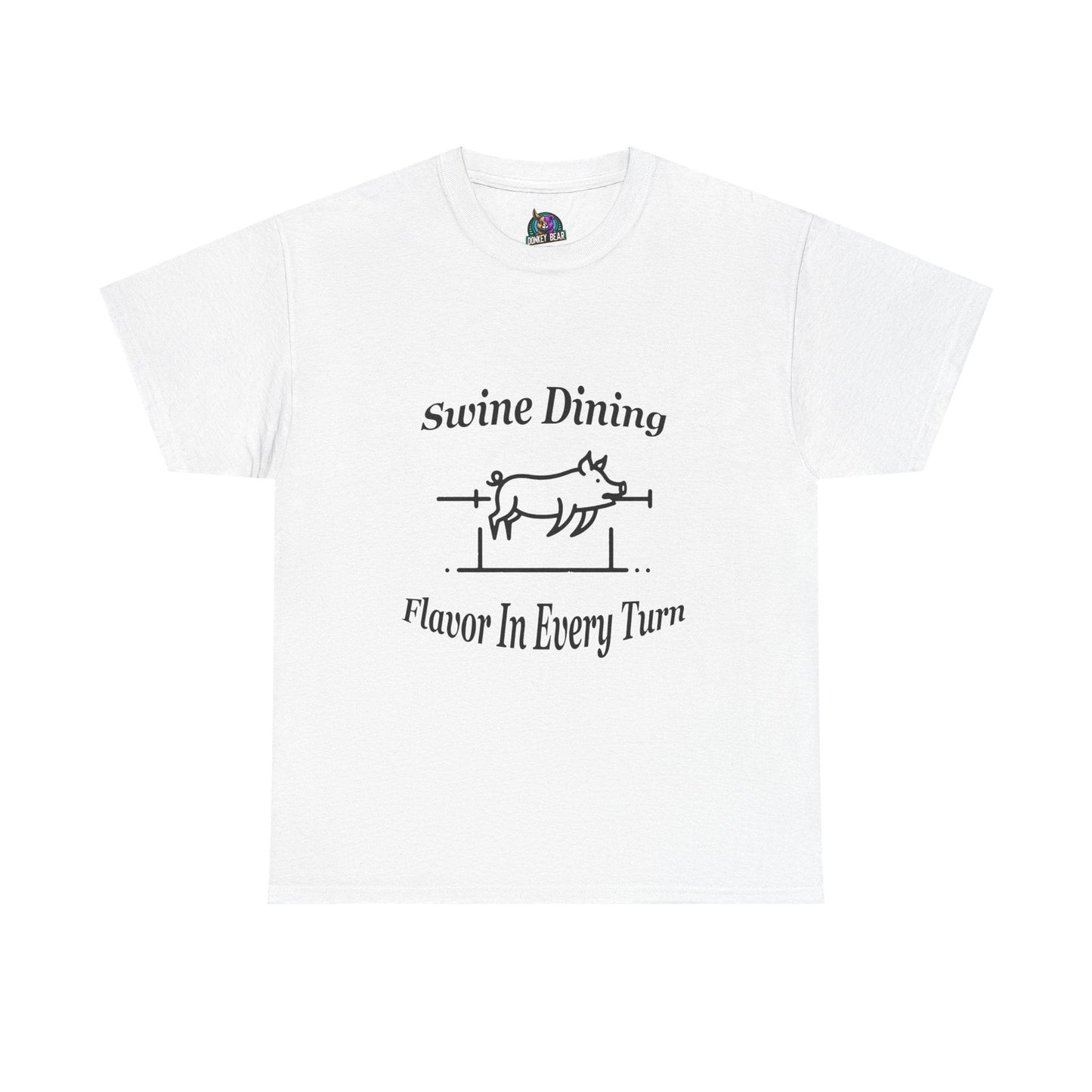 "Swine Dining" T-shirt with pig roasting design, perfect for BBQ enthusiasts and humor lovers.