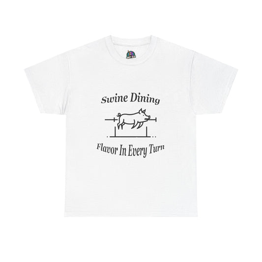 "Swine Dining" T-shirt with pig roasting design, perfect for BBQ enthusiasts and humor lovers.