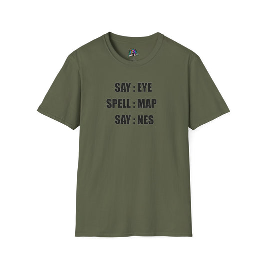 Witty "Eye Map Nes" T-shirt with bold text on a green background, featuring playful wordplay design.