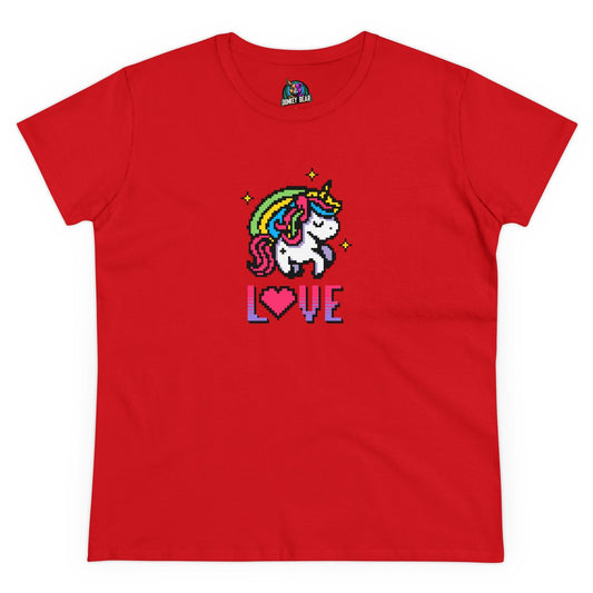 Red 8-bit unicorn T-shirt for women with retro pixelated design.