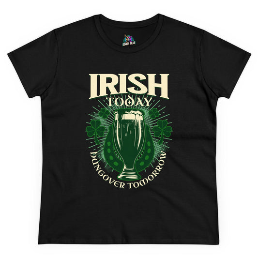 Irish Today Hungover Tomorrow T-shirt with beer graphic, St. Patrick's Day theme.
