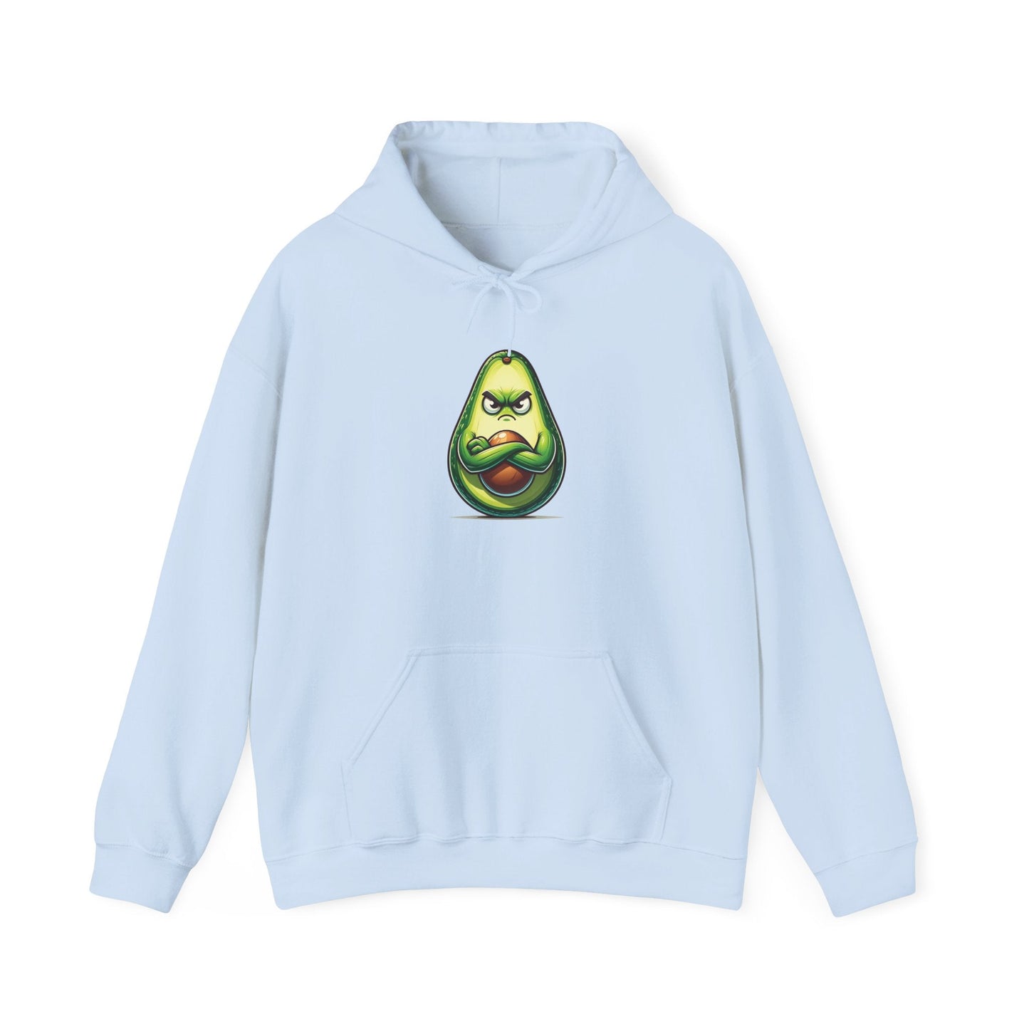 Light blue hoodie featuring an angry avocado design, perfect for avocado lovers with a sense of humor.