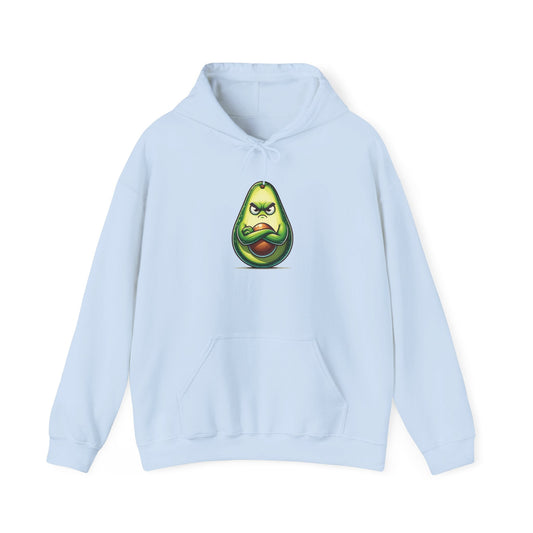 Light blue hoodie featuring an angry avocado design, perfect for avocado lovers with a sense of humor.