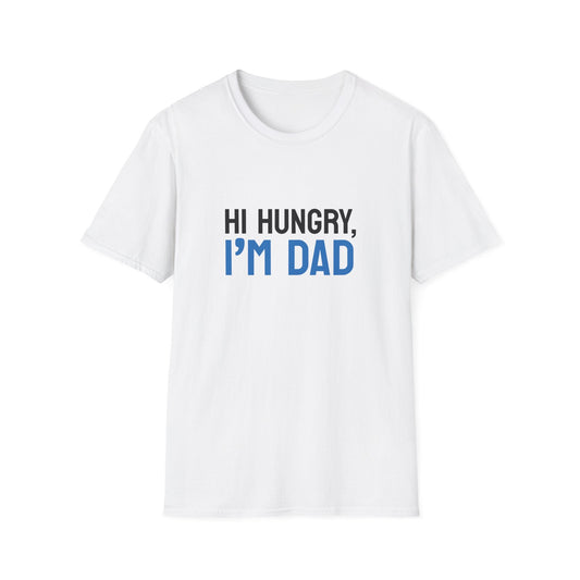 White T-shirt with "Hi Hungry, I'm Dad" text in bold, featuring a classic dad joke design.