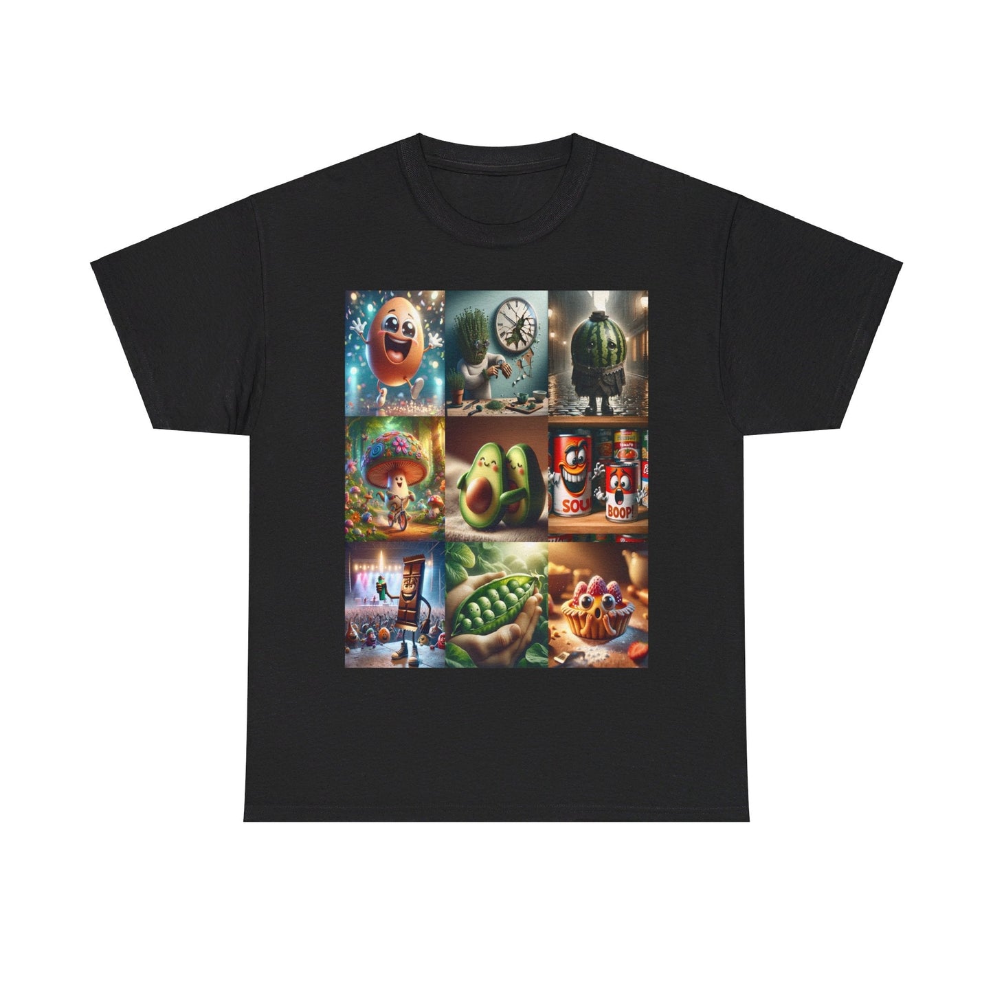 Black cotton tee featuring whimsical food-themed graphics, designed for casual and comfortable wear.