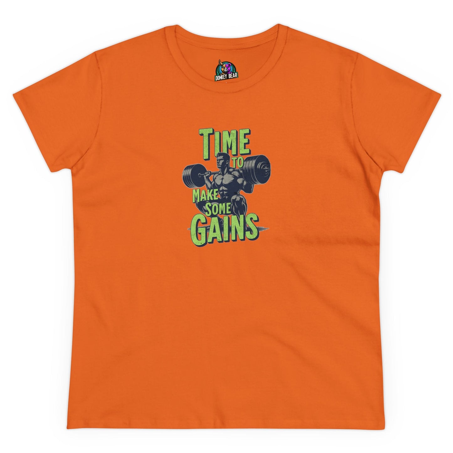 Orange "Time for Gains" T-shirt with weightlifting graphic for women.