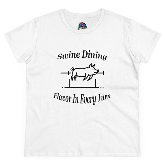 Swine Dining T-shirt with pig roast image and humorous text for BBQ enthusiasts.