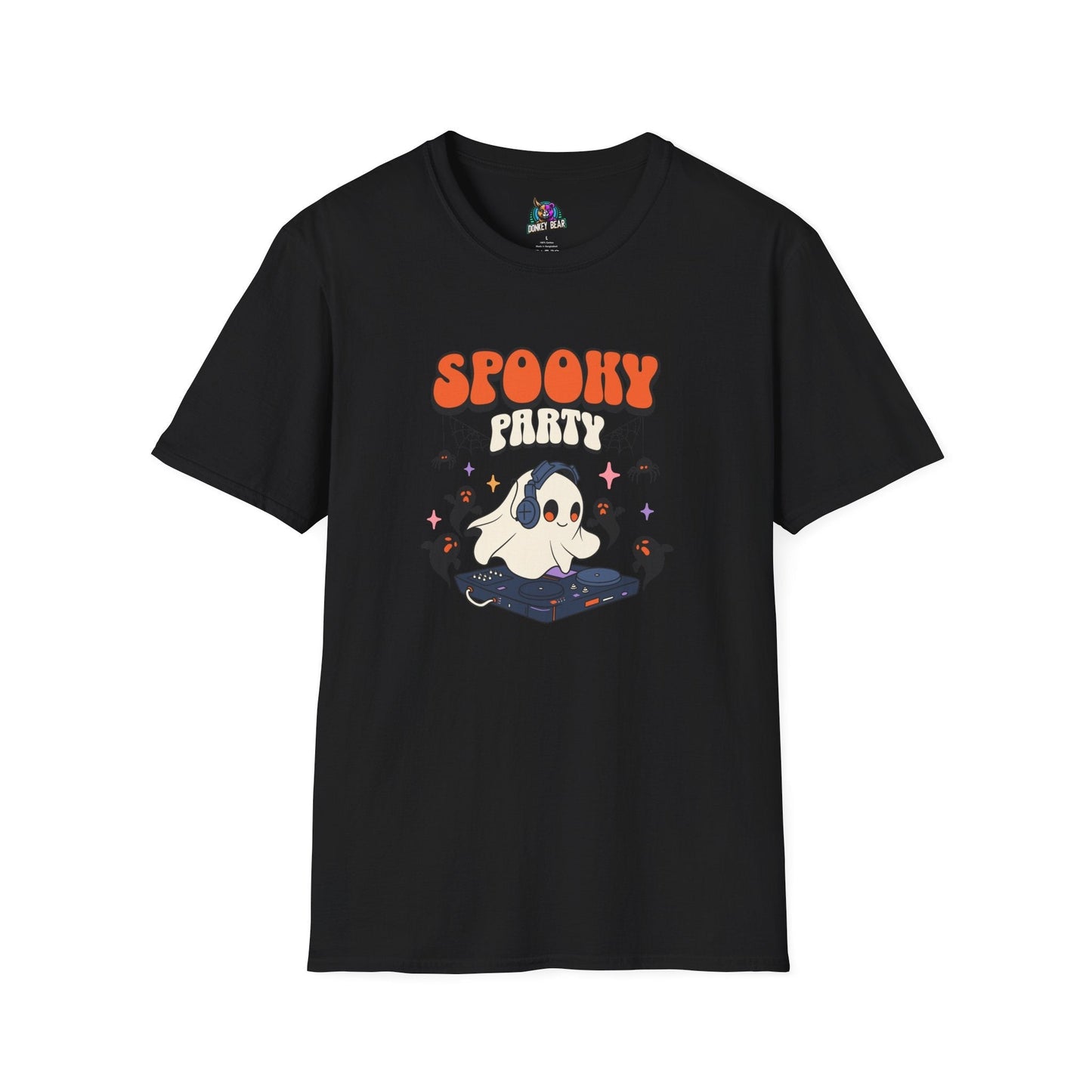 Spooky Party T-Shirt featuring a ghost DJ on a vinyl record with orange text, perfect for Halloween music lovers.