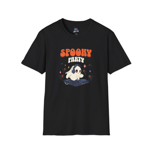 Spooky Party T-Shirt featuring a ghost DJ on a vinyl record with orange text, perfect for Halloween music lovers.