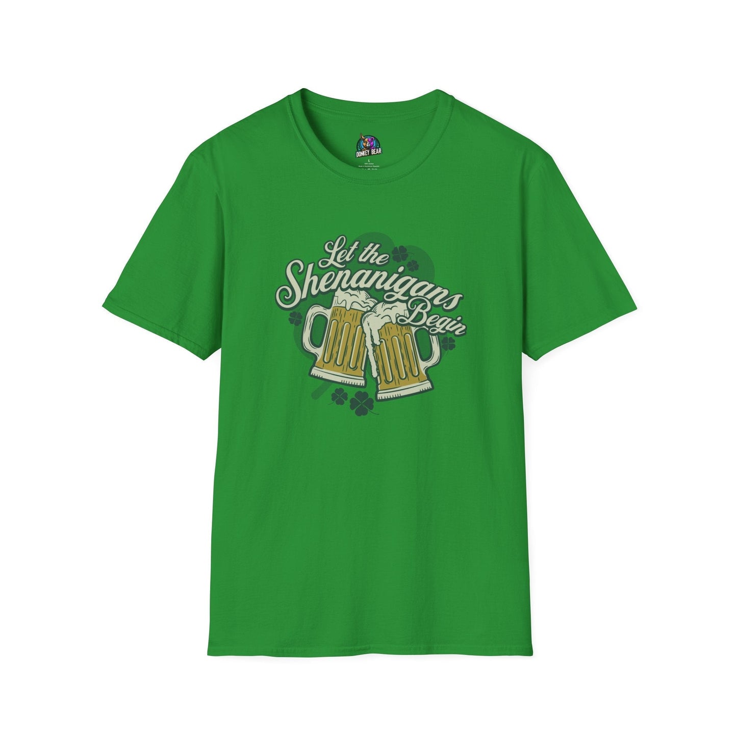 Green T-shirt with "Let the Shenanigans Begin" and clinking beer mugs graphic.