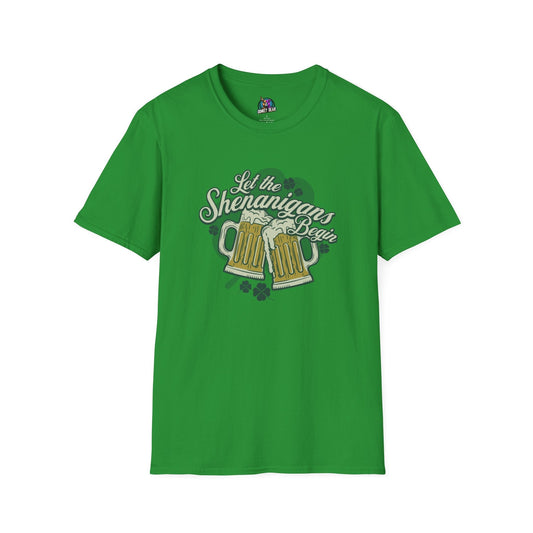 Green T-shirt with "Let the Shenanigans Begin" and clinking beer mugs graphic.