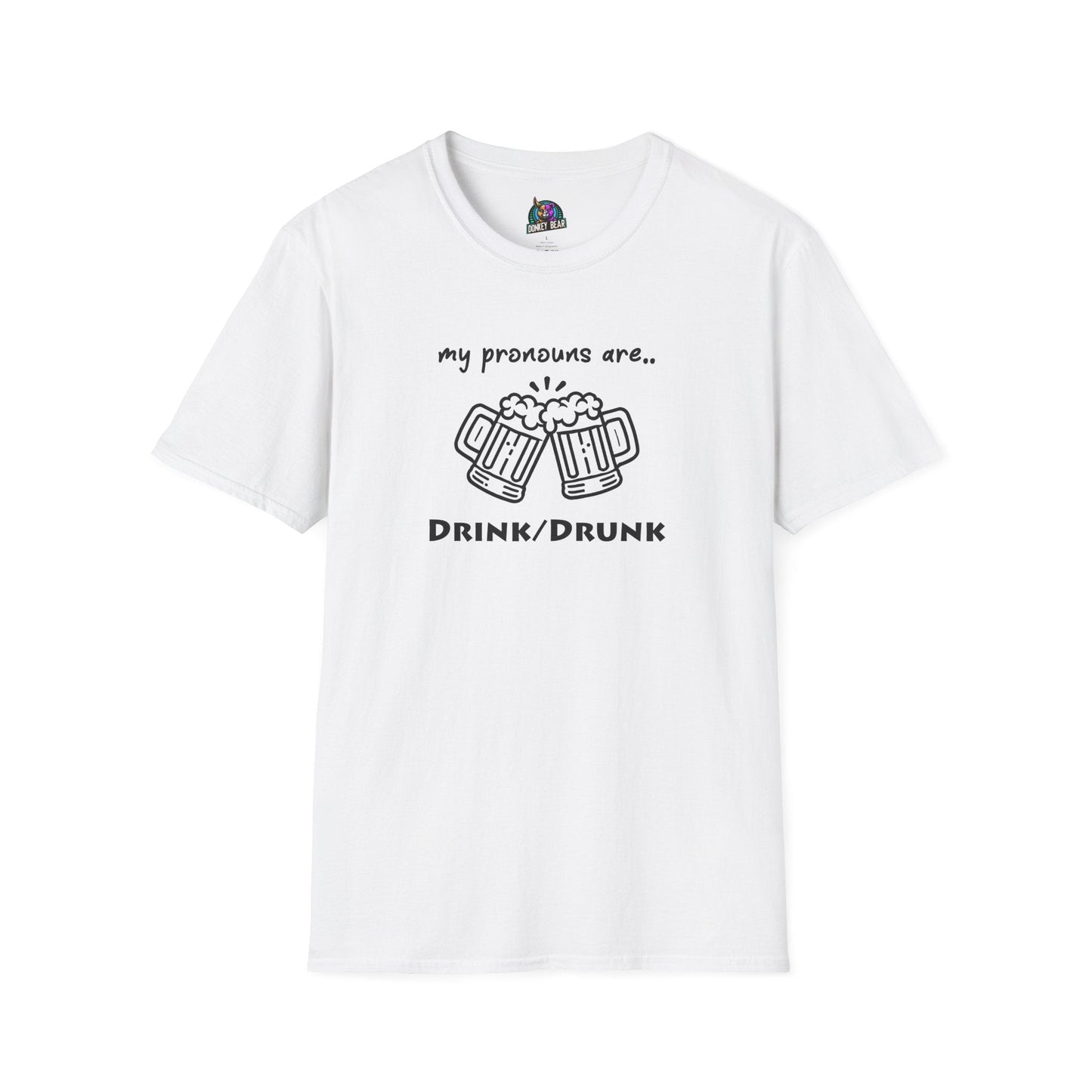 T-shirt with "My Pronouns Are Drink / Drunk" text and beer mug graphics, humorous party wear.