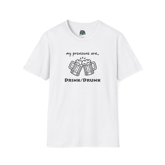 T-shirt with "My Pronouns Are Drink / Drunk" text and beer mug graphics, humorous party wear.