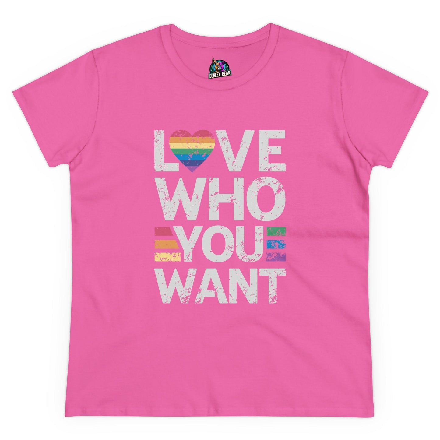 Pink "Love Who You Want" T-shirt for women, promoting pride and inclusivity.