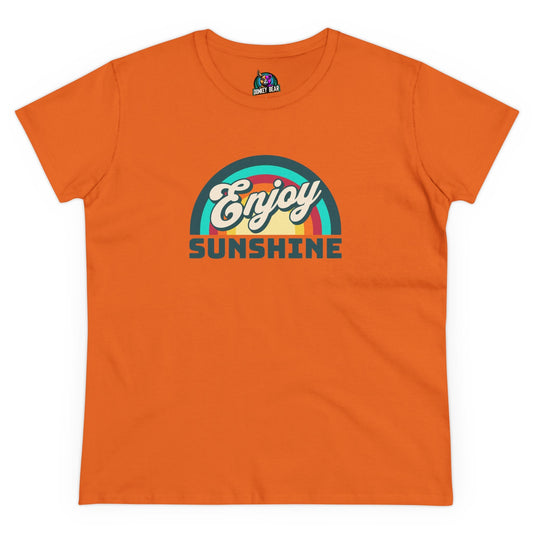 Orange "Enjoy Sunshine" T-shirt with retro design and positive vibes.