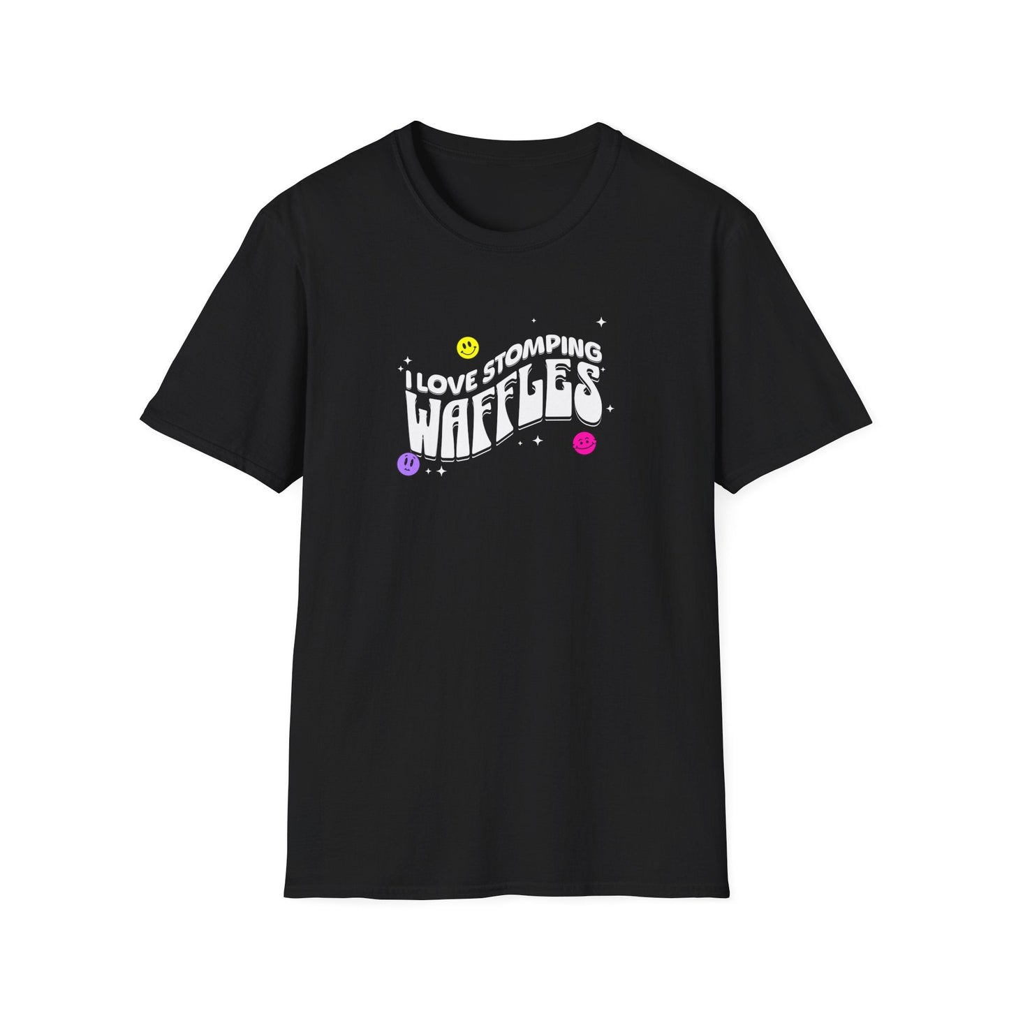 Black T-shirt with "Waffle Stomping" design featuring colorful smiley faces, humorous and bold statement piece.