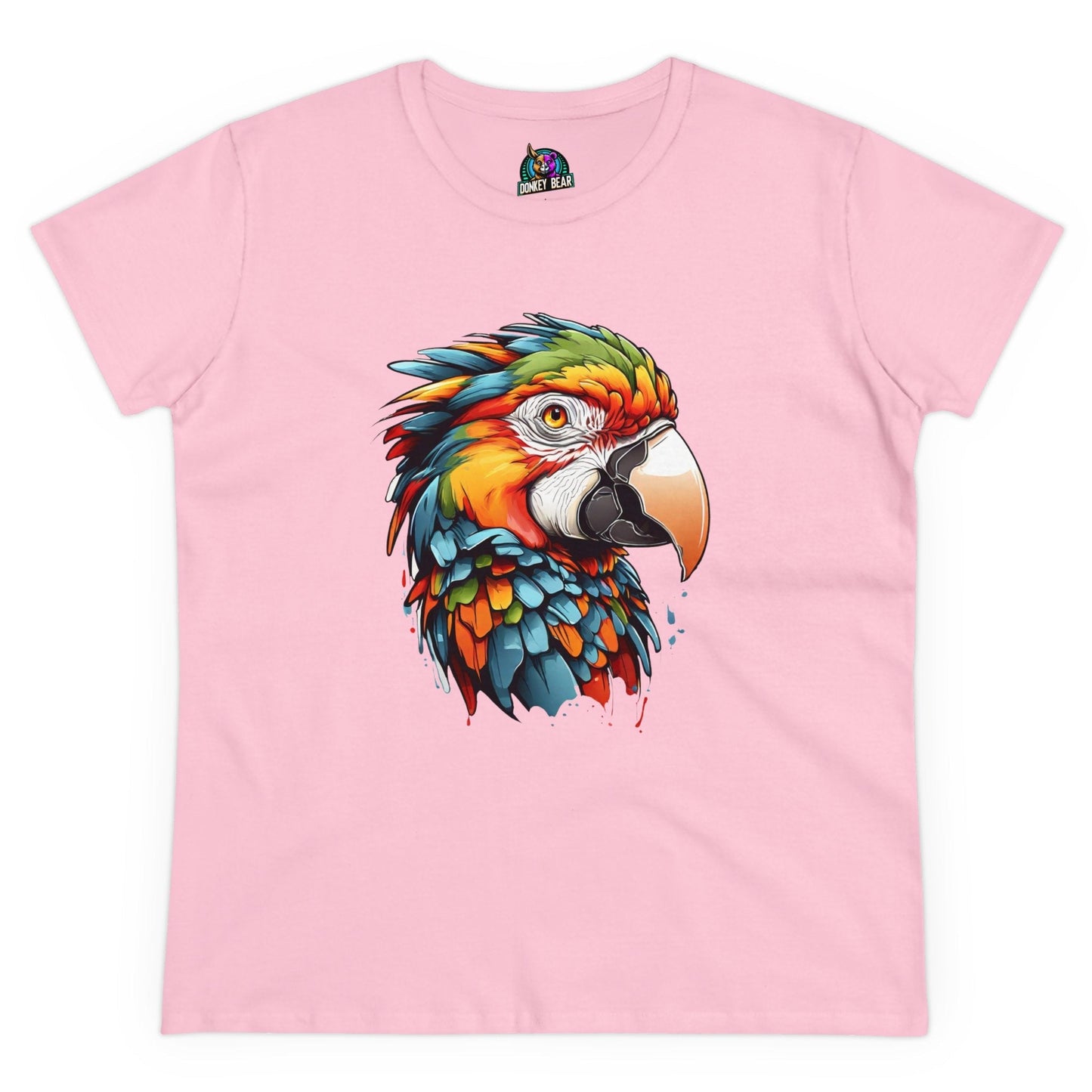 Colorful parrot design T-shirt, bold and vibrant splash parrot graphic on pink fabric.