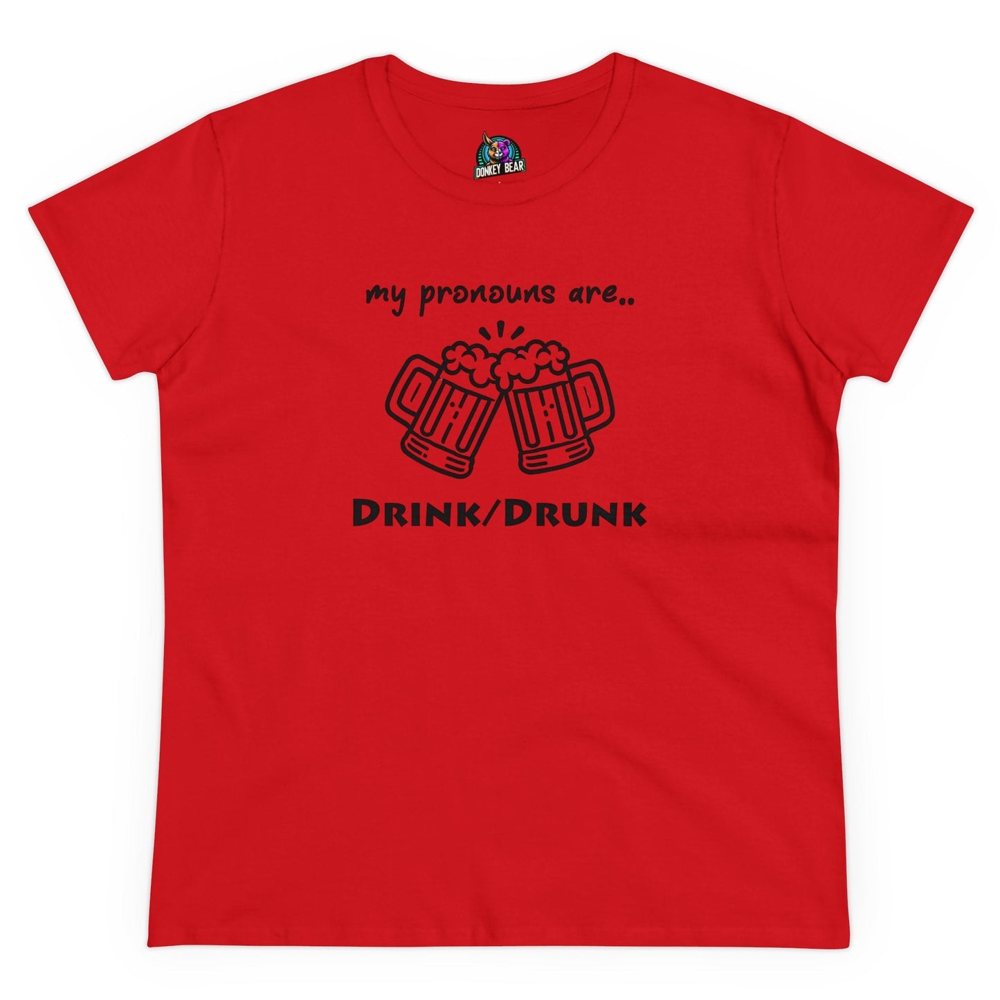 Red t-shirt with "My Pronouns Are Drink/Drunk" and beer mugs graphic, perfect for party enthusiasts.