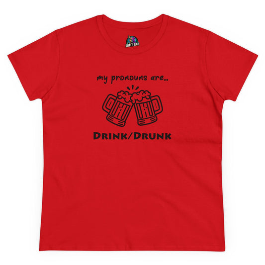 Red t-shirt with "My Pronouns Are Drink/Drunk" and beer mugs graphic, perfect for party enthusiasts.