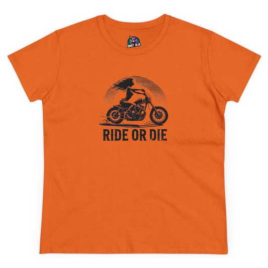 Women’s "Ride or Die" T-shirt featuring a motorcycle design, orange color.