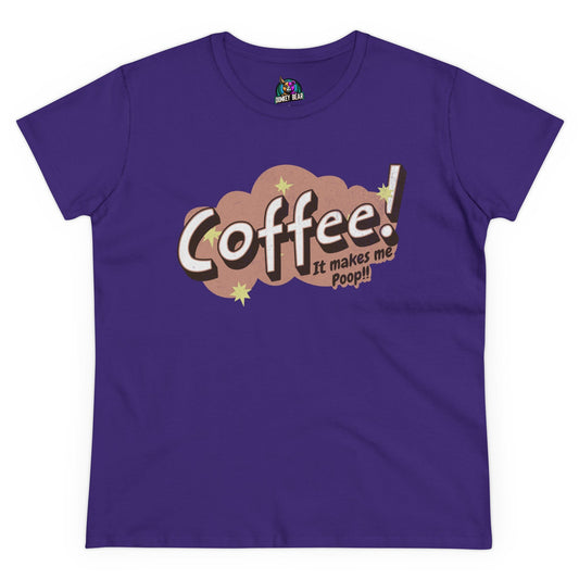 Purple "Coffee Makes Me Poop" T-shirt with humorous design.