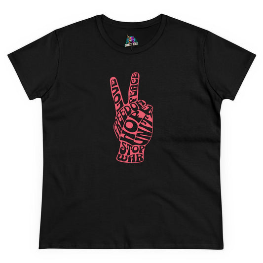 Women's "Peace & Love" T-shirt featuring a word art peace sign design in black.