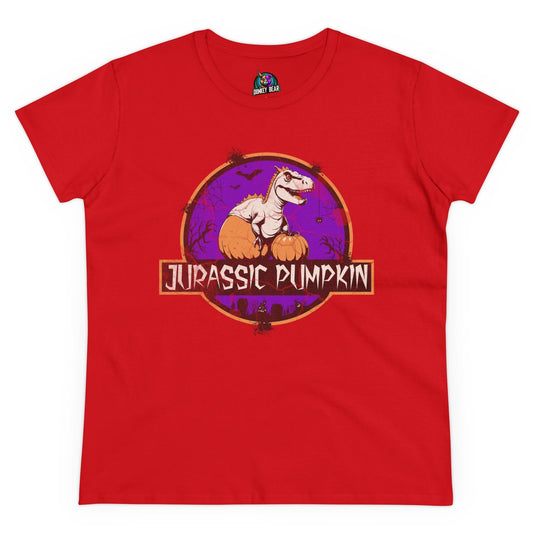 Red "Jurassic Pumpkin" T-shirt for women featuring a dinosaur and pumpkin Halloween design.