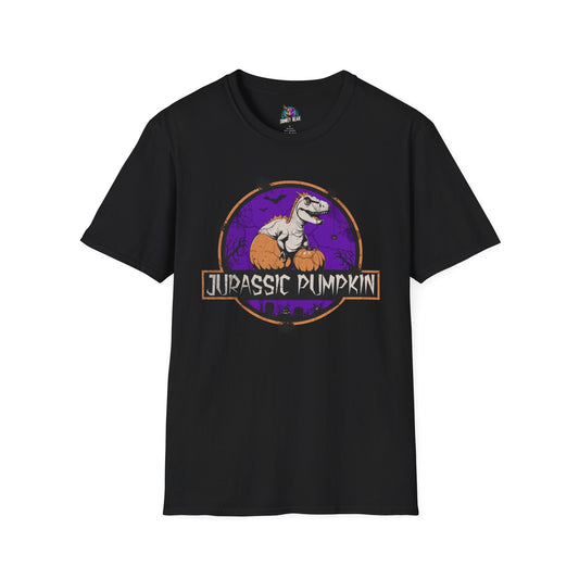 "Jurassic Pumpkin" T-shirt featuring dinosaur and pumpkin graphic, perfect for Halloween.