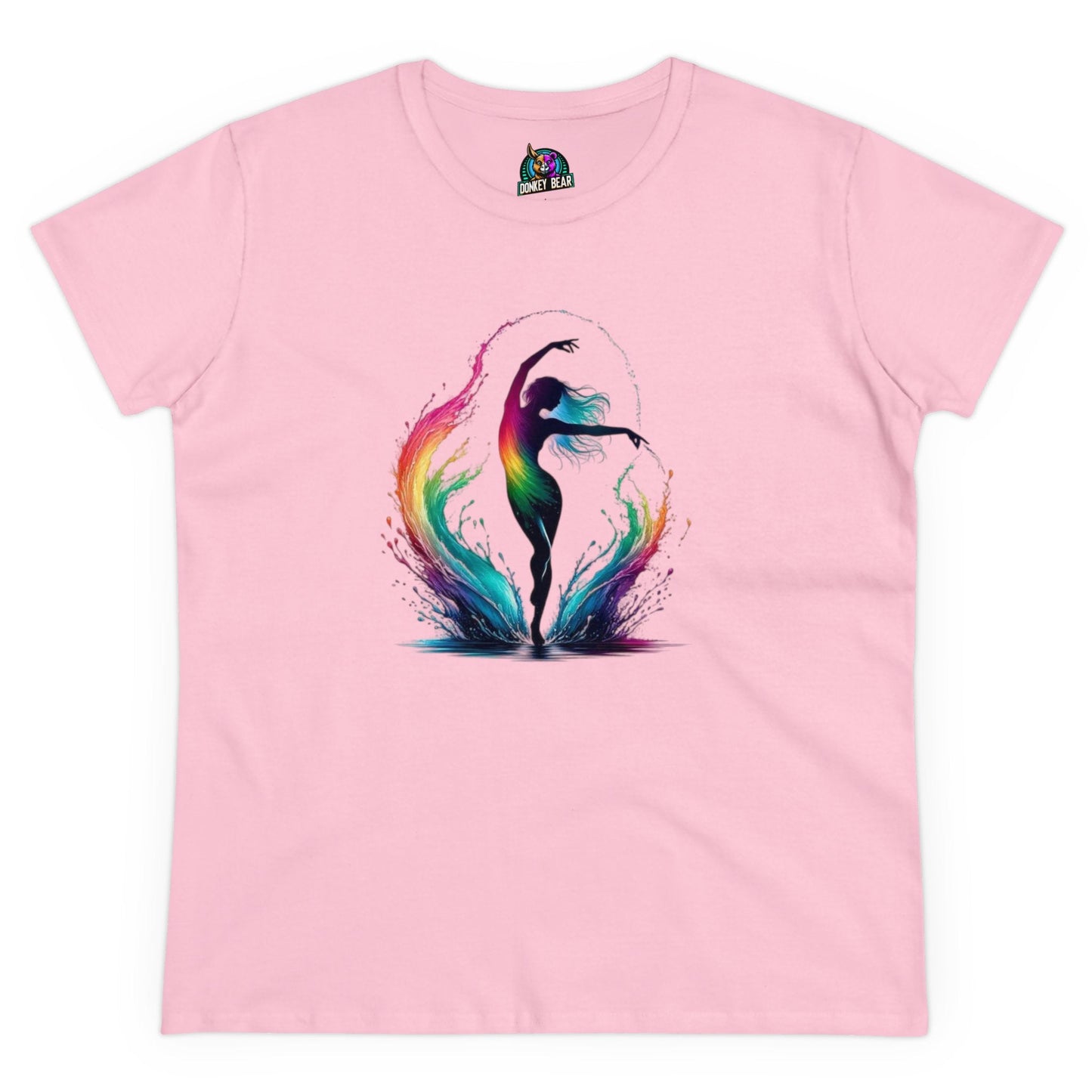 Pink t-shirt featuring a graceful fairy dancing in vibrant rainbow colors.