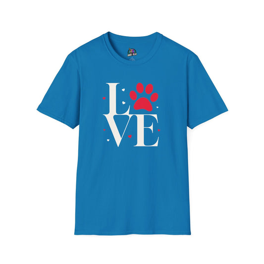 Blue "LOVE Paw Print" T-shirt with red paw replacing the 'O', ideal for dog lovers.