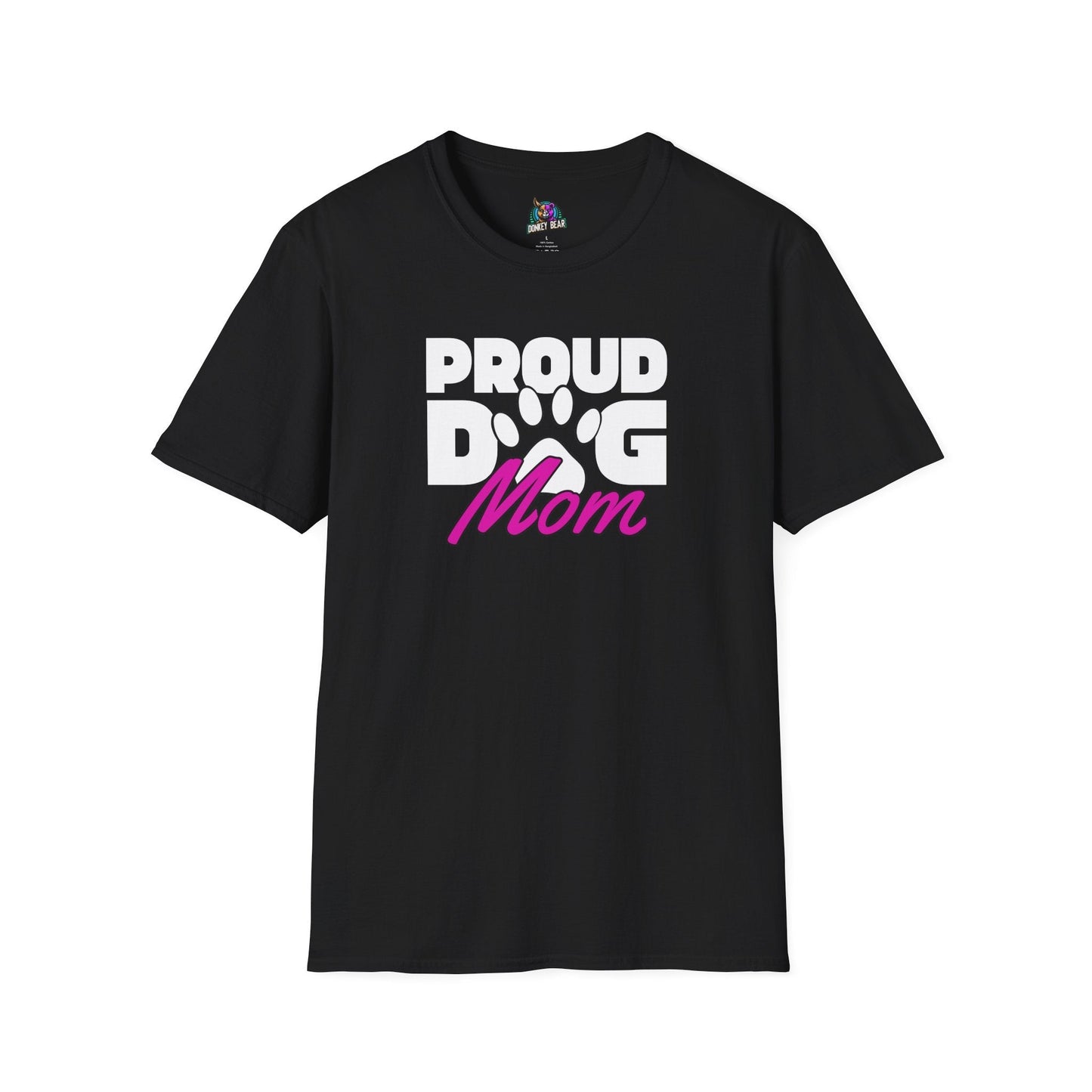 Black "Proud Dog Mom" T-shirt with paw print design.