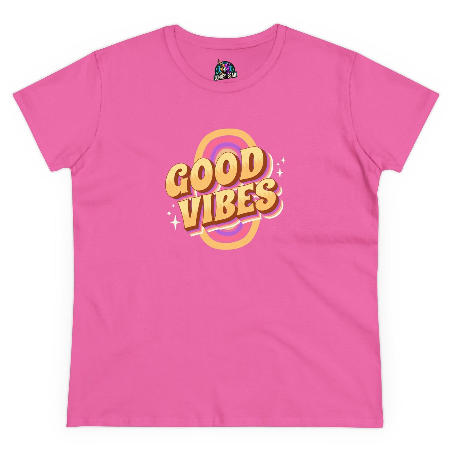 Pink "Good Vibes" T-shirt promoting positivity with bold lettering.