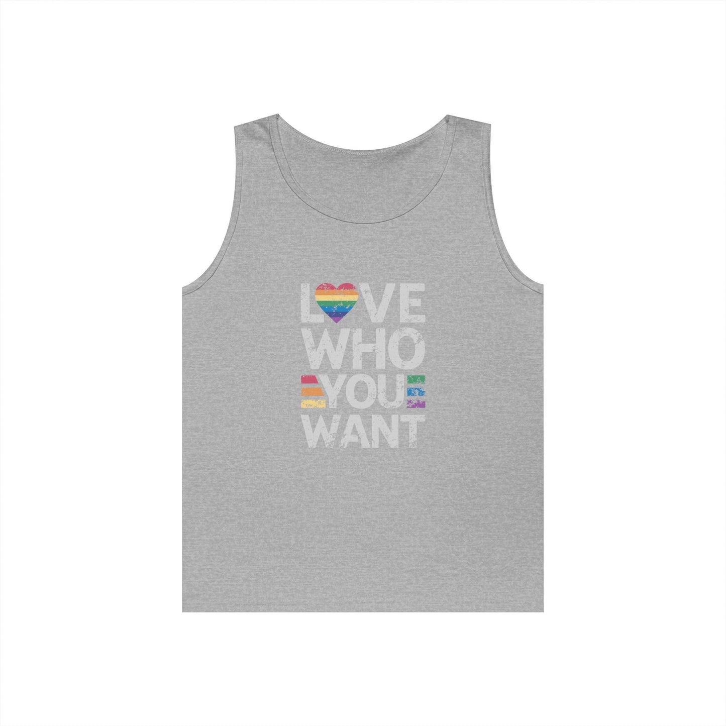 Bold and proud "Love Who You Want" tank top displaying support for love, equality, and self-expression.