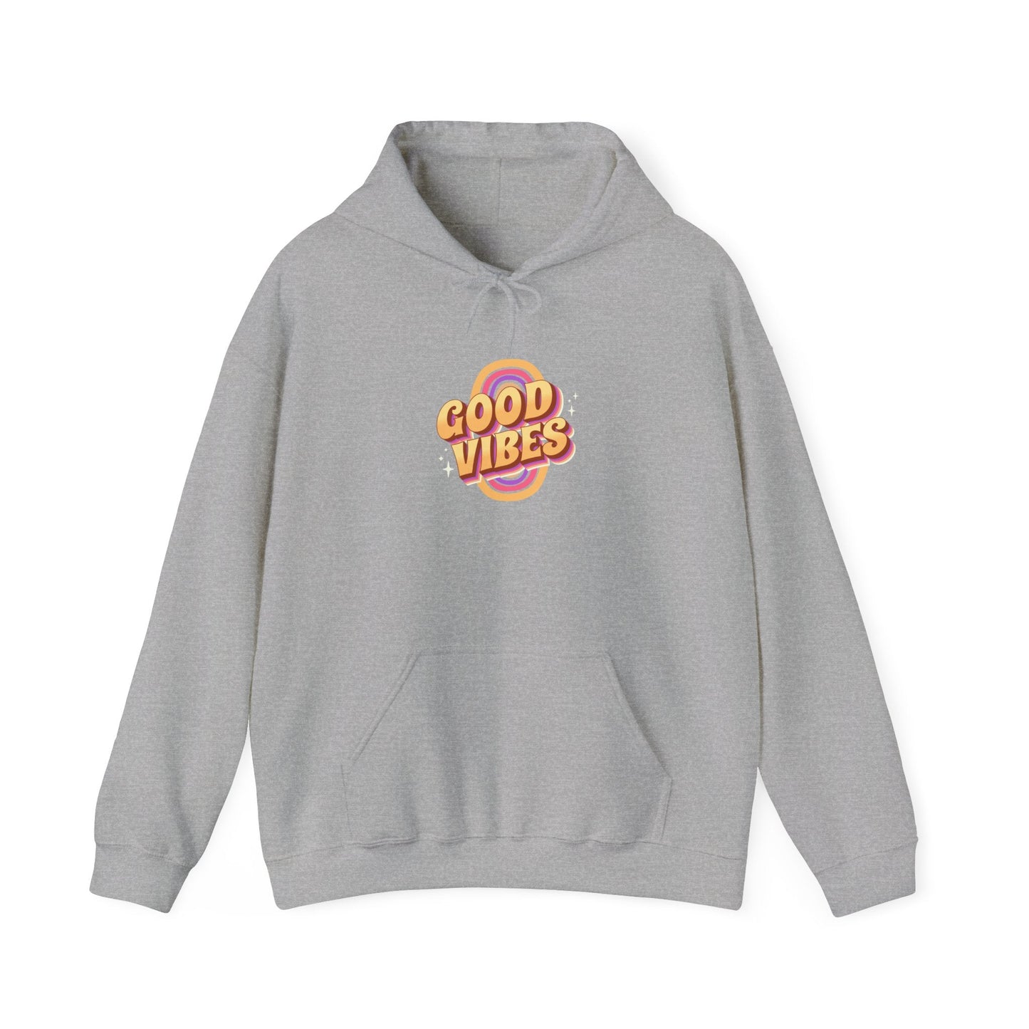 Gray hoodie with "Good Vibes" text design, promoting positivity and comfort.