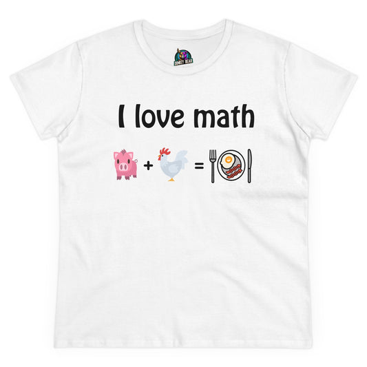 "I Love Math" T-shirt with funny equation design featuring pig, chicken, and eggs & bacon.