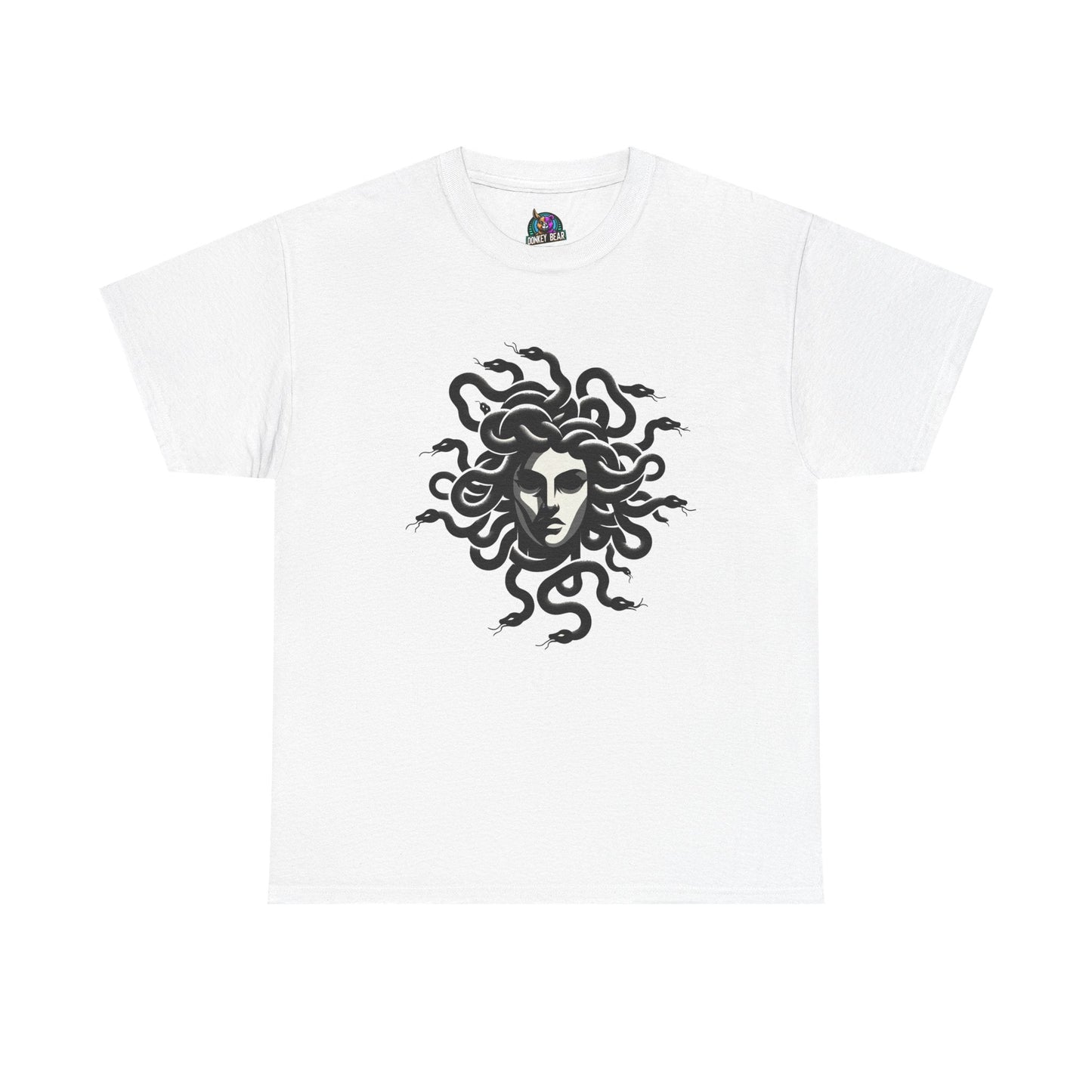T-shirt featuring a fierce Medusa illustration, capturing Greek mythology style.