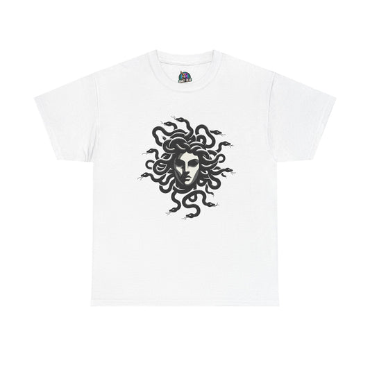 T-shirt featuring a fierce Medusa illustration, capturing Greek mythology style.