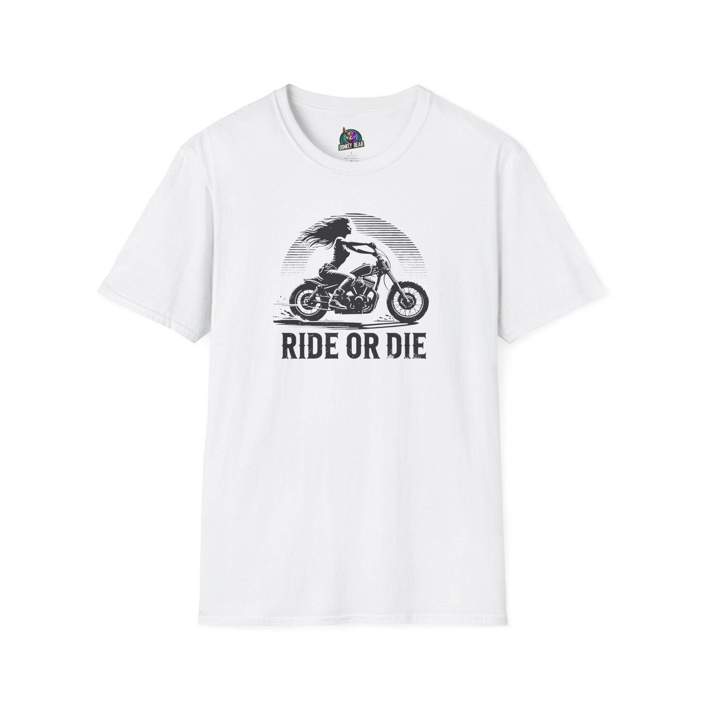 "Ride or Die" T-shirt featuring a fearless woman on a motorcycle, embodying speed and style.