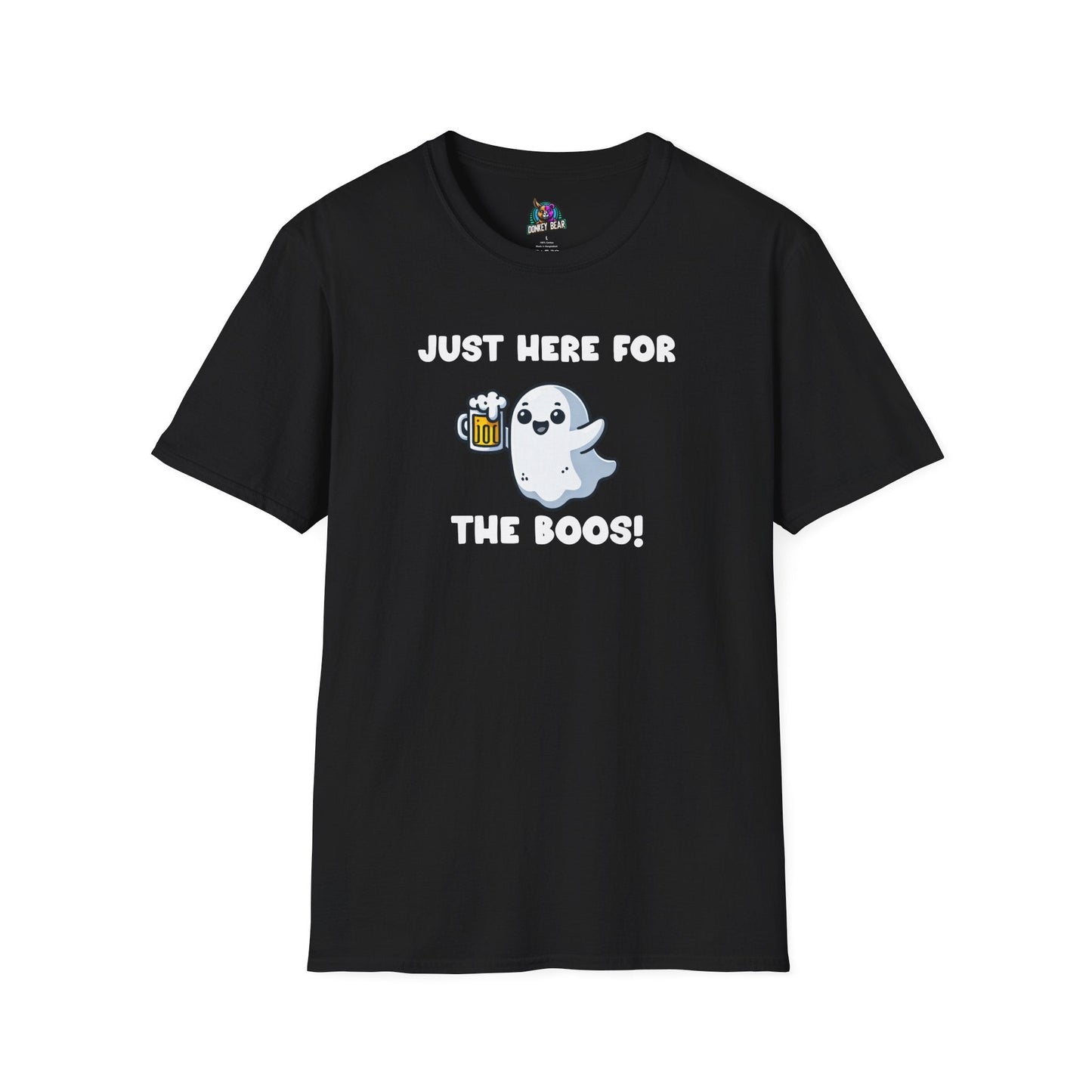 "Only Here for the Boos" T-shirt featuring a ghost holding a beer.