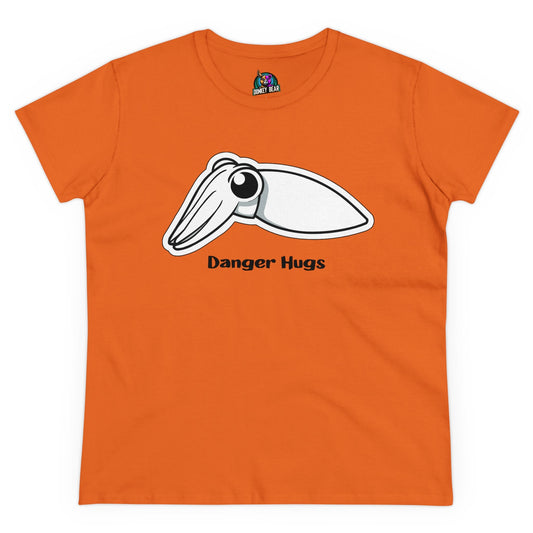 Orange "Danger Hugs" T-shirt featuring a cute cuttlefish illustration with text.
