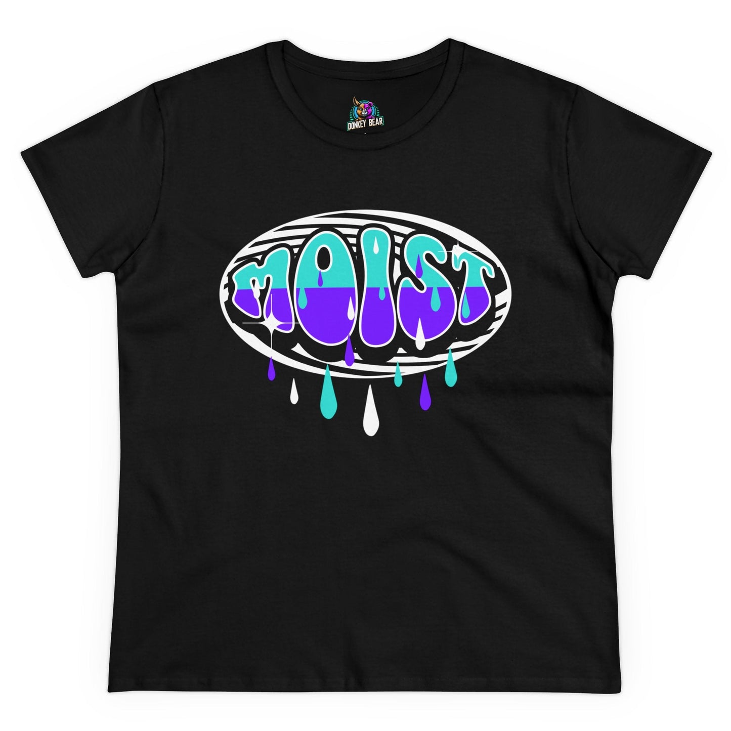 Women's "Moist" T-shirt with dripping design, humor-inspired statement piece.