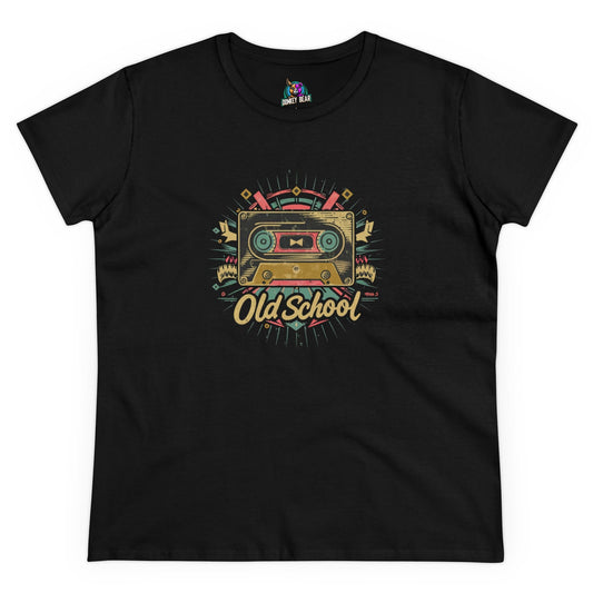 Black "Old School" T-shirt for women featuring a retro cassette tape design.