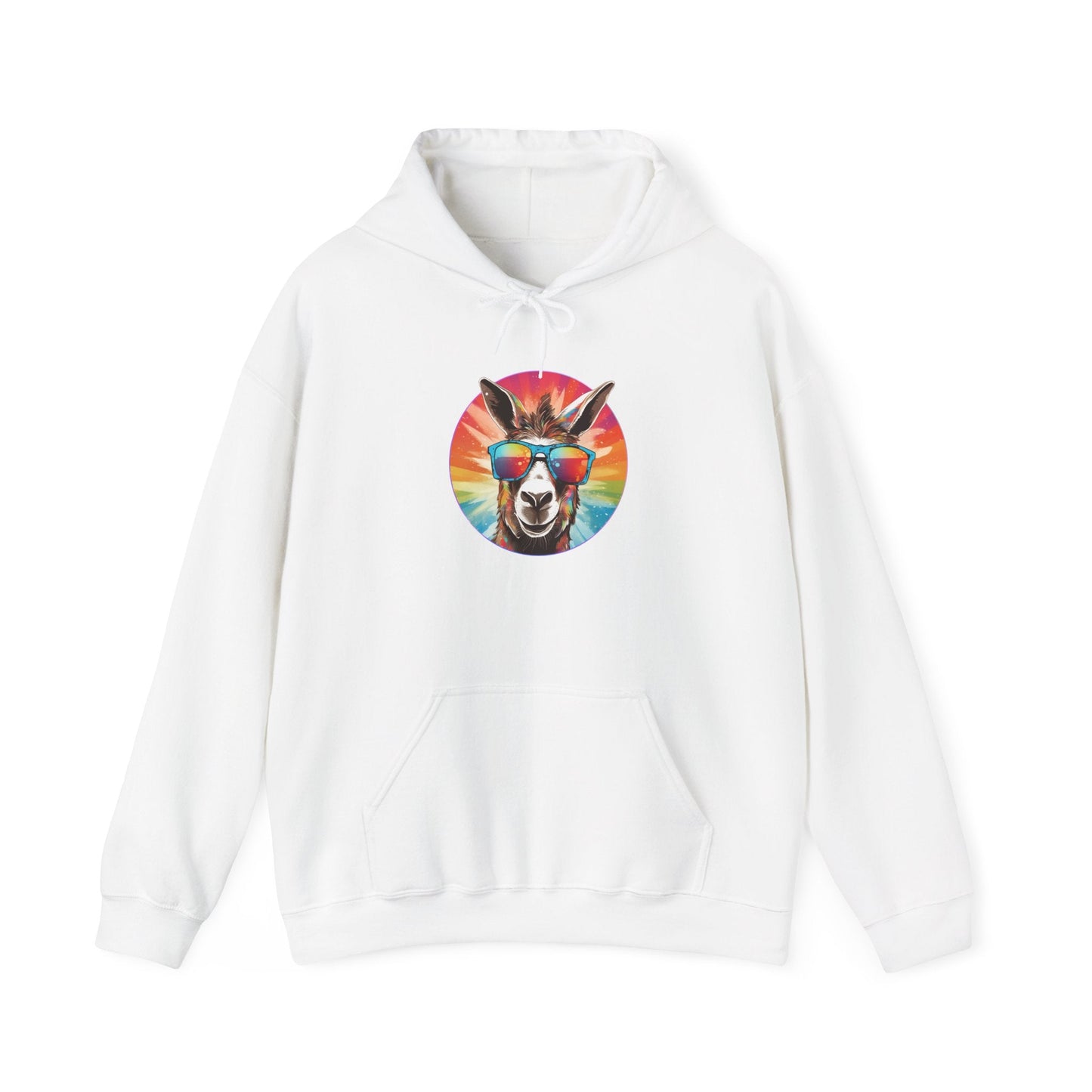 Groovy Donkey Hoodie with colorful rainbow donkey design.