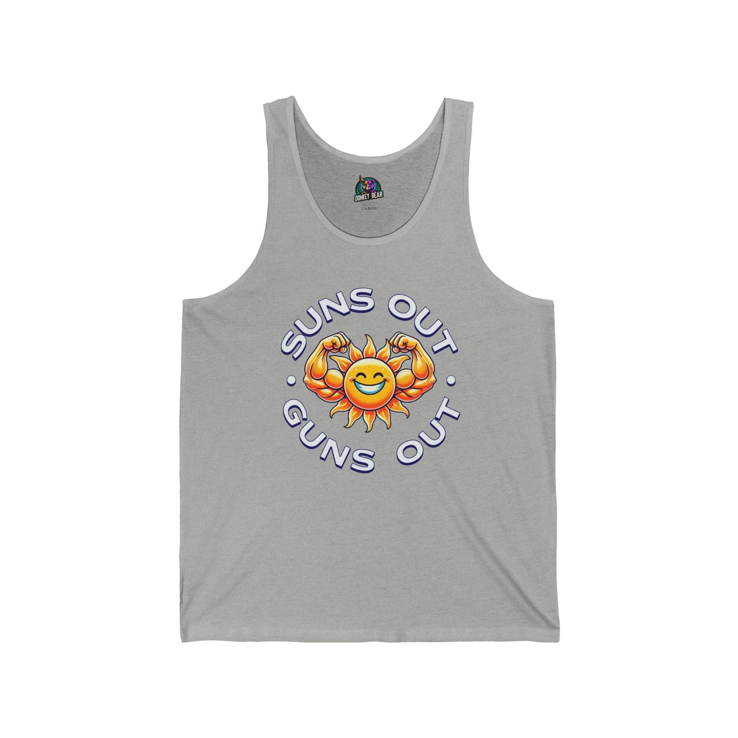 "Suns Out, Guns Out" tank top featuring a flexing sun design.