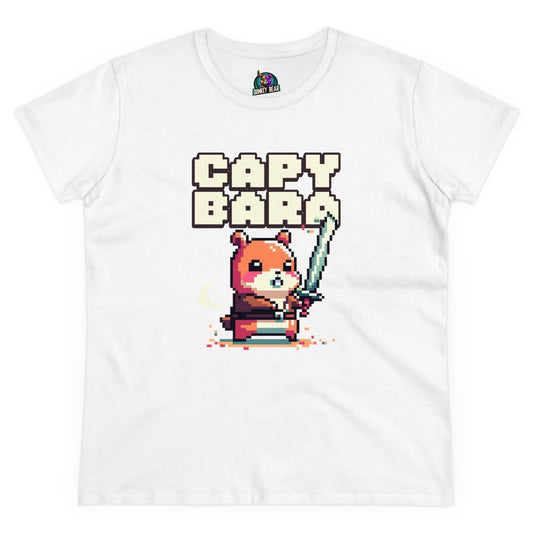 Capybara with a sword graphic on white women's T-shirt.