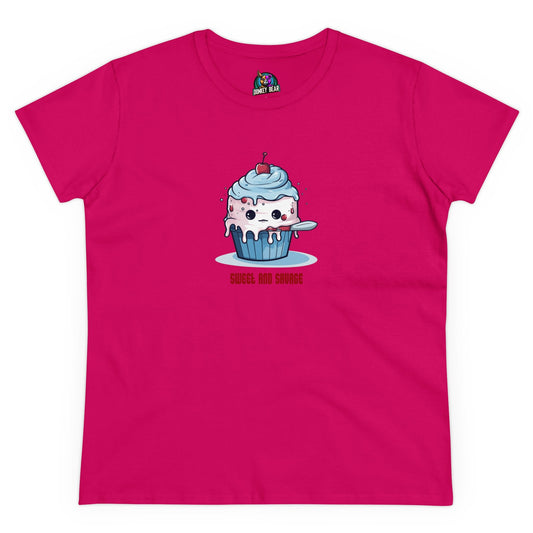 Women's "Sweet and Savage" T-Shirt with cupcake and knife design.